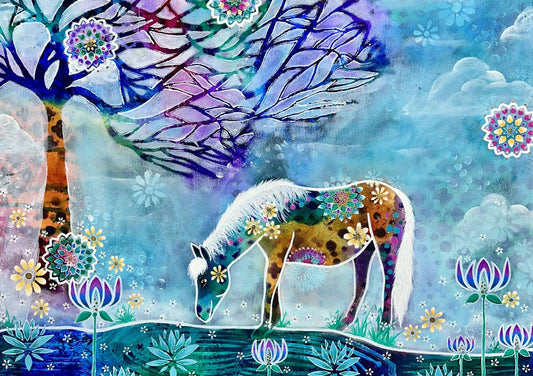 whimsy and me, whimsical horse, intuitive painting, creek, bold colors, lotus flowers, water, free, purple, turquoise, flowers, forest, trees, art print, creative