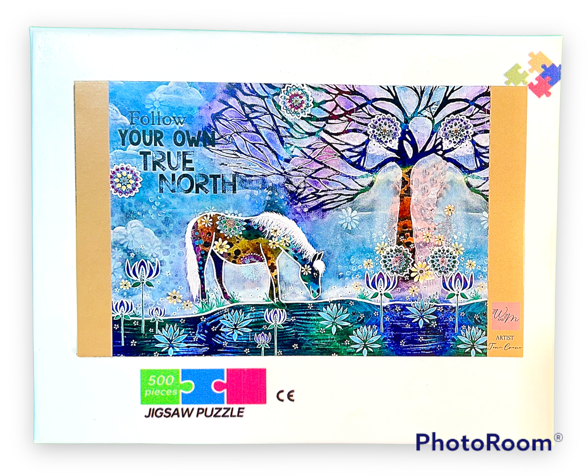 whimsy and me, whimsical horse, intuitive painting, creek, bold colors, lotus flowers, water, free, purple, turquoise, flowers, forest, trees, puzzle, creative