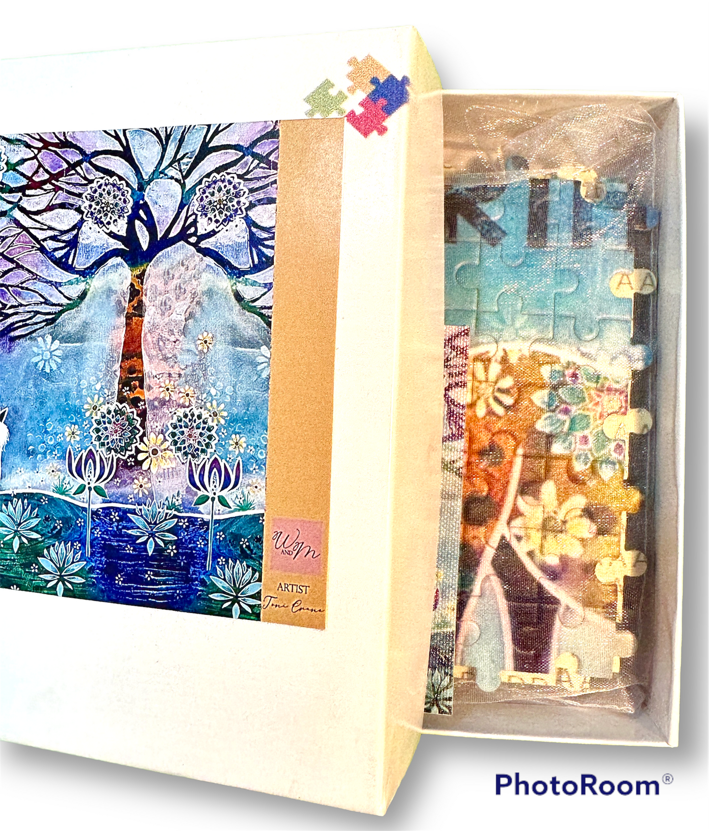 whimsy and me, whimsical horse, intuitive painting, creek, bold colors, lotus flowers, water, free, purple, turquoise, flowers, forest, trees, puzzle, creative