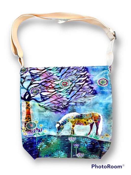 whimsy and me, whimsical horse, intuitive painting, creek, bold colors, lotus flowers, water, free, purple, turquoise, flowers, forest, trees, art, satchel bag