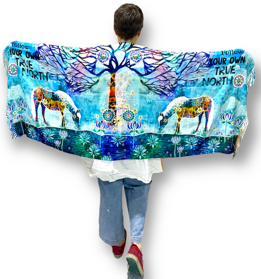 whimsy and me, whimsical horse, intuitive painting, creek, bold colors, lotus flowers, water, free, purple, turquoise, flowers, forest, trees, shawl, snuggly, soft, cosy