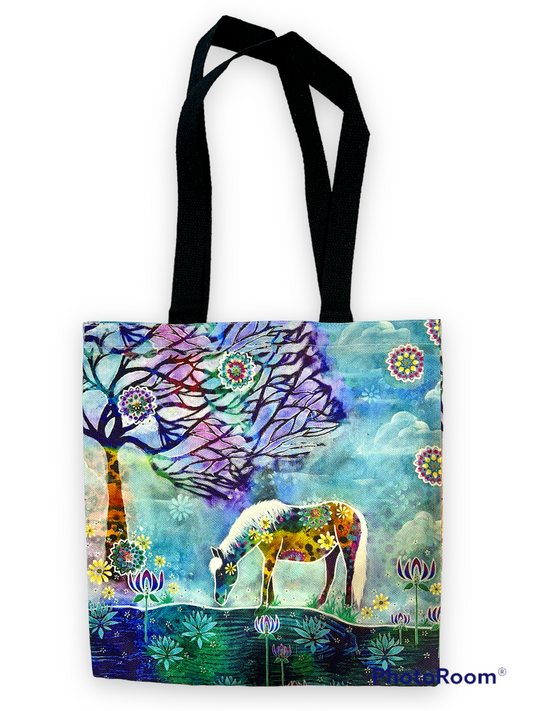 whimsy and me, whimsical horse, intuitive painting, creek, bold colors, lotus flowers, water, free, purple, turquoise, flowers, forest, trees, art, tote bag