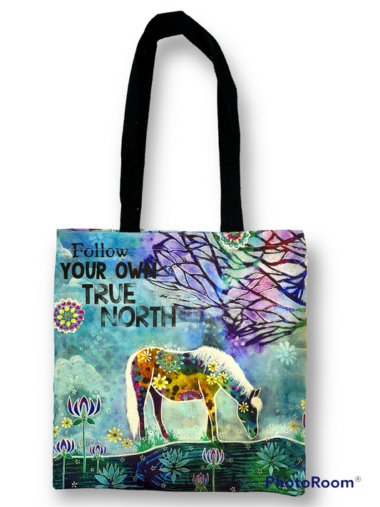whimsy and me, whimsical horse, intuitive painting, creek, bold colors, lotus flowers, water, free, purple, turquoise, flowers, forest, trees, art, tote bag