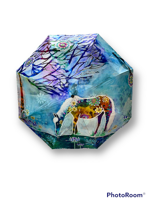 whimsy and me, whimsical horse, intuitive painting, creek, bold colors, lotus flowers, water, free, purple, turquoise, flowers, forest, trees, art, umbrella