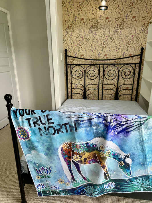 whimsy and me, whimsical horse, intuitive painting, creek, bold colors, lotus flowers, water, free, purple, turquoise, flowers, forest, trees, beach towel