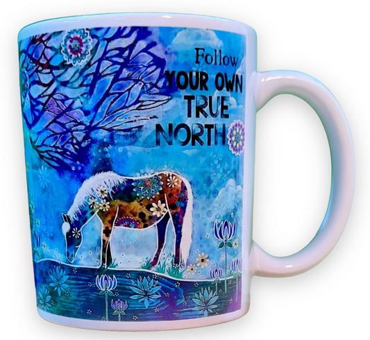whimsy and me, whimsical horse, intuitive painting, creek, bold colors, lotus flowers, water, free, purple, turquoise, flowers, forest, trees, mug