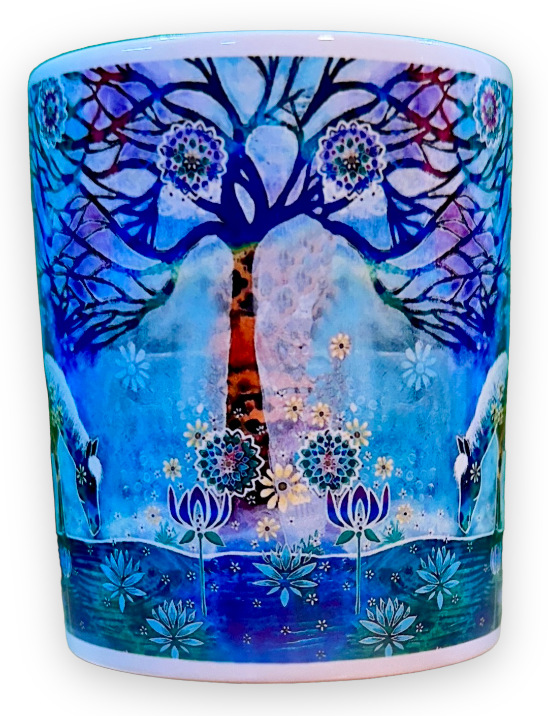 whimsy and me, whimsical horse, intuitive painting, creek, bold colors, lotus flowers, water, free, purple, turquoise, flowers, forest, trees, mug