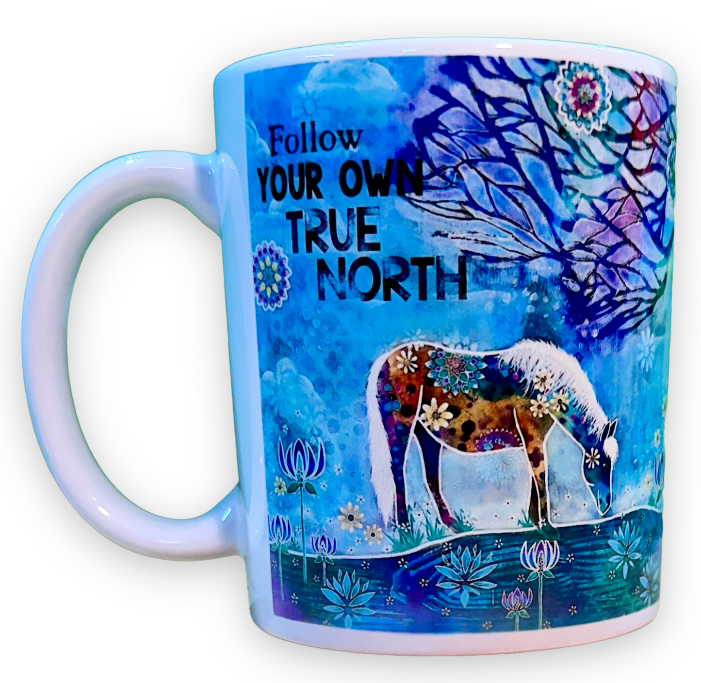 whimsy and me, whimsical horse, intuitive painting, creek, bold colors, lotus flowers, water, free, purple, turquoise, flowers, forest, trees, mug