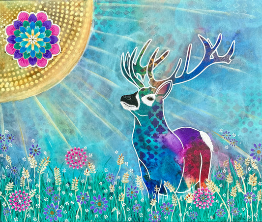 whimsy and me, whimsical deer, intuitive painting, creek, bold colors, lotus flowers, water, free, purple, turquoise, flowers, forest, trees, art, original