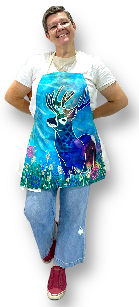 whimsy and me, whimsical deer, intuitive painting, creek, bold colors, lotus flowers, water, free, purple, turquoise, flowers, forest, trees, adults apron, creative
