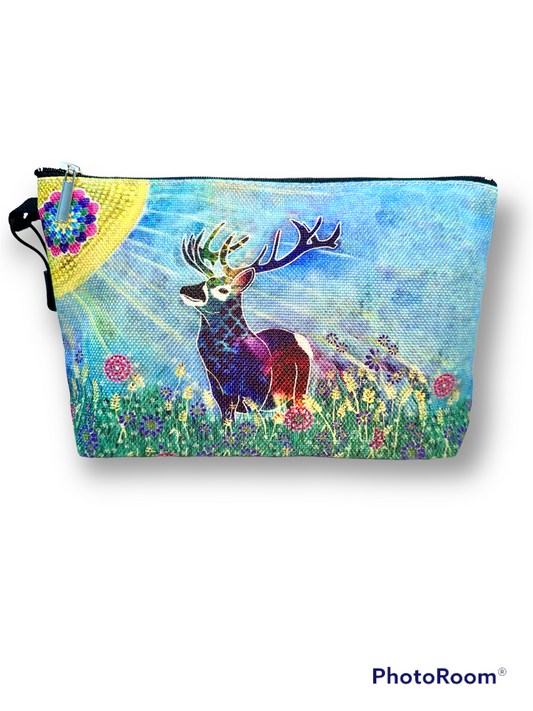 whimsy and me, whimsical deer, intuitive painting, creek, bold colors, lotus flowers, water, free, purple, turquoise, flowers, forest, trees, beauty bag, zipper closure, creative