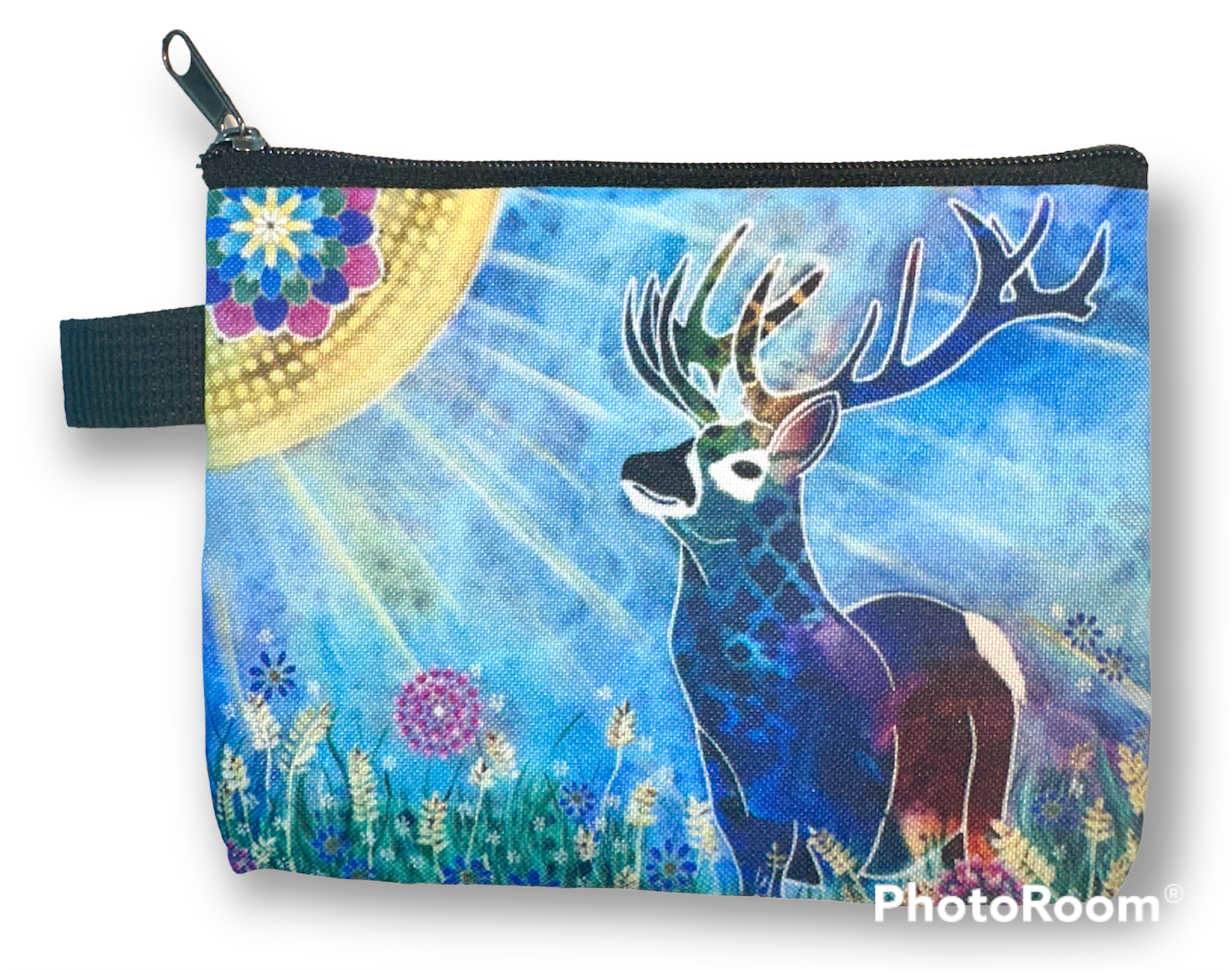 whimsy and me, whimsical deer, intuitive painting, creek, bold colors, lotus flowers, water, free, purple, turquoise, flowers, forest, trees, coin purse
