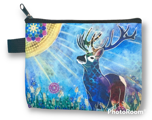 whimsy and me, whimsical deer, intuitive painting, creek, bold colors, lotus flowers, water, free, purple, turquoise, flowers, forest, trees, coin purse