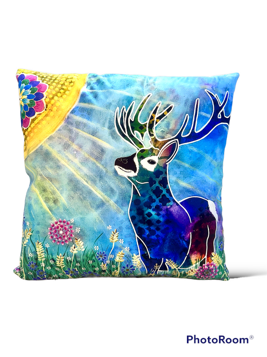 whimsy and me, whimsical deer, intuitive painting, creek, bold colors, lotus flowers, water, free, purple, turquoise, flowers, forest, trees, art, cushion cover, snuggly, soft, cosy, double sided