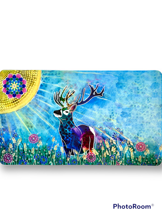 whimsy and me, whimsical deer, intuitive painting, creek, bold colors, lotus flowers, water, free, purple, turquoise, flowers, forest, trees, art, gaming mat, soft