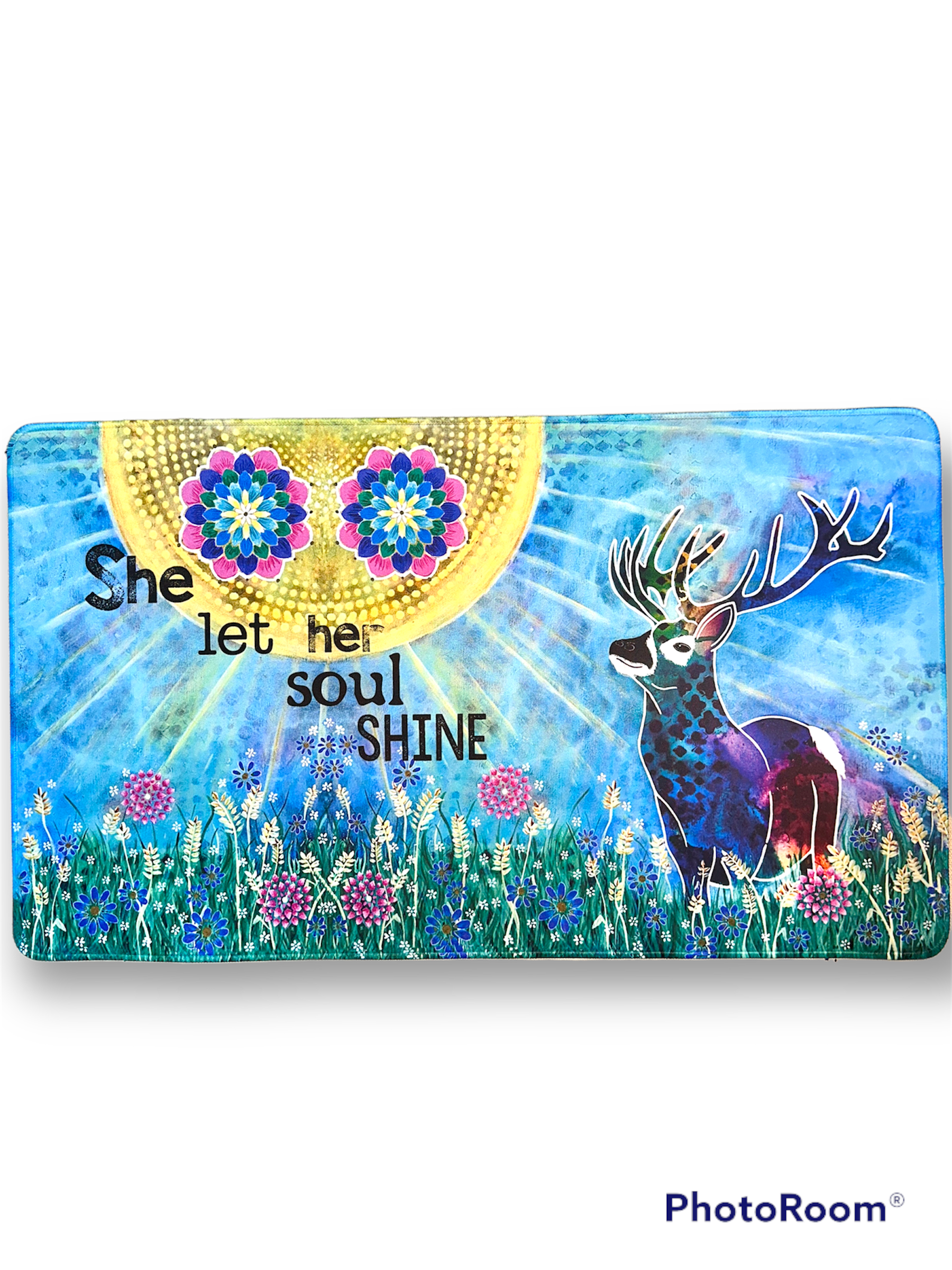 whimsy and me, whimsical deer, intuitive painting, creek, bold colors, lotus flowers, water, free, purple, turquoise, flowers, forest, trees, art, gaming mat, soft