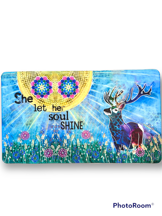 whimsy and me, whimsical deer, intuitive painting, creek, bold colors, lotus flowers, water, free, purple, turquoise, flowers, forest, trees, art, gaming mat, soft