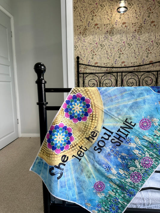 whimsy and me, whimsical deer, intuitive painting, creek, bold colors, lotus flowers, water, free, purple, turquoise, flowers, forest, trees, gym towel, soft, cosy, snuggly, creative