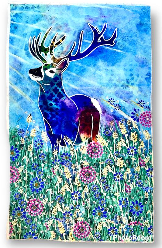 whimsy and me, whimsical deer, intuitive painting, creek, bold colors, lotus flowers, water, free, purple, turquoise, flowers, forest, trees, art, hand towel, soft