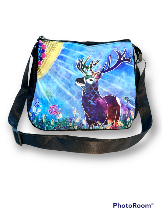 whimsy and me, whimsical deer, intuitive painting, creek, bold colors, lotus flowers, water, free, purple, turquoise, flowers, forest, trees, art, hand bag