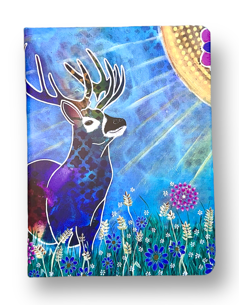 whimsy and me, whimsical deer, intuitive painting, creek, bold colors, lotus flowers, water, free, purple, turquoise, flowers, forest, trees, art, book, journal, lined