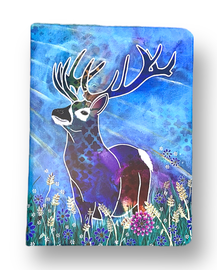 whimsy and me, whimsical deer, intuitive painting, creek, bold colors, lotus flowers, water, free, purple, turquoise, flowers, forest, trees, art, book, journal, lined