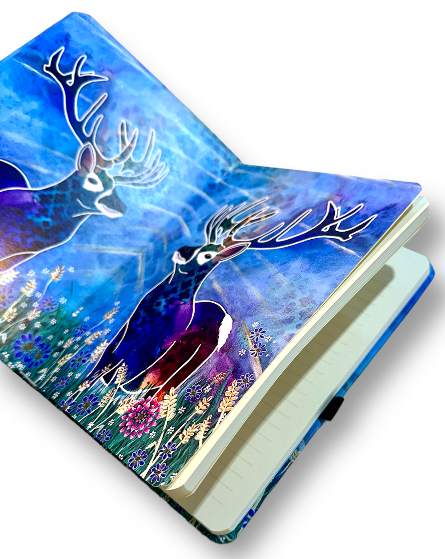 whimsy and me, whimsical deer, intuitive painting, creek, bold colors, lotus flowers, water, free, purple, turquoise, flowers, forest, trees, art, book, journal, lined