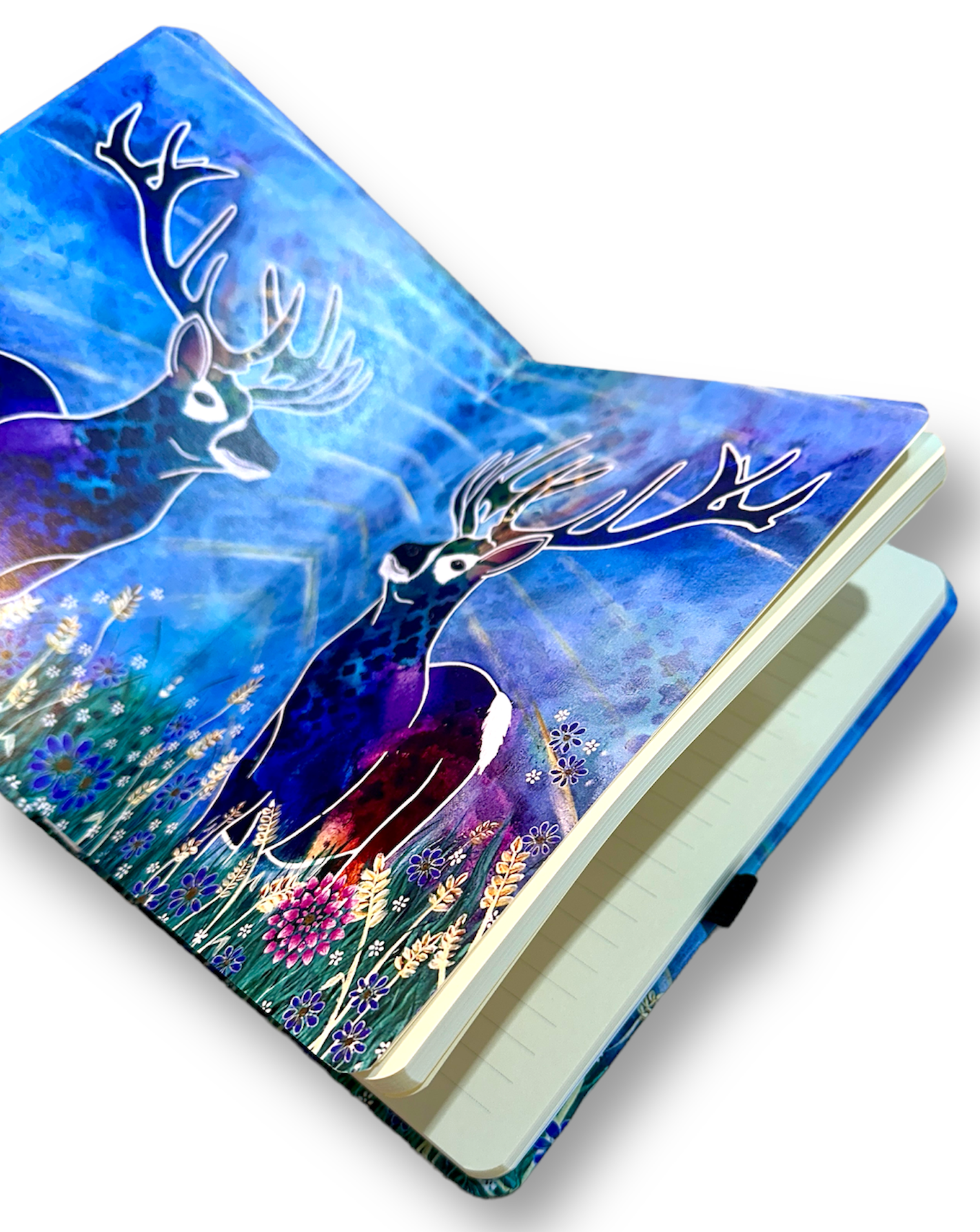 whimsy and me, whimsical deer, intuitive painting, creek, bold colors, lotus flowers, water, free, purple, turquoise, flowers, forest, trees, art, book, journal, lined