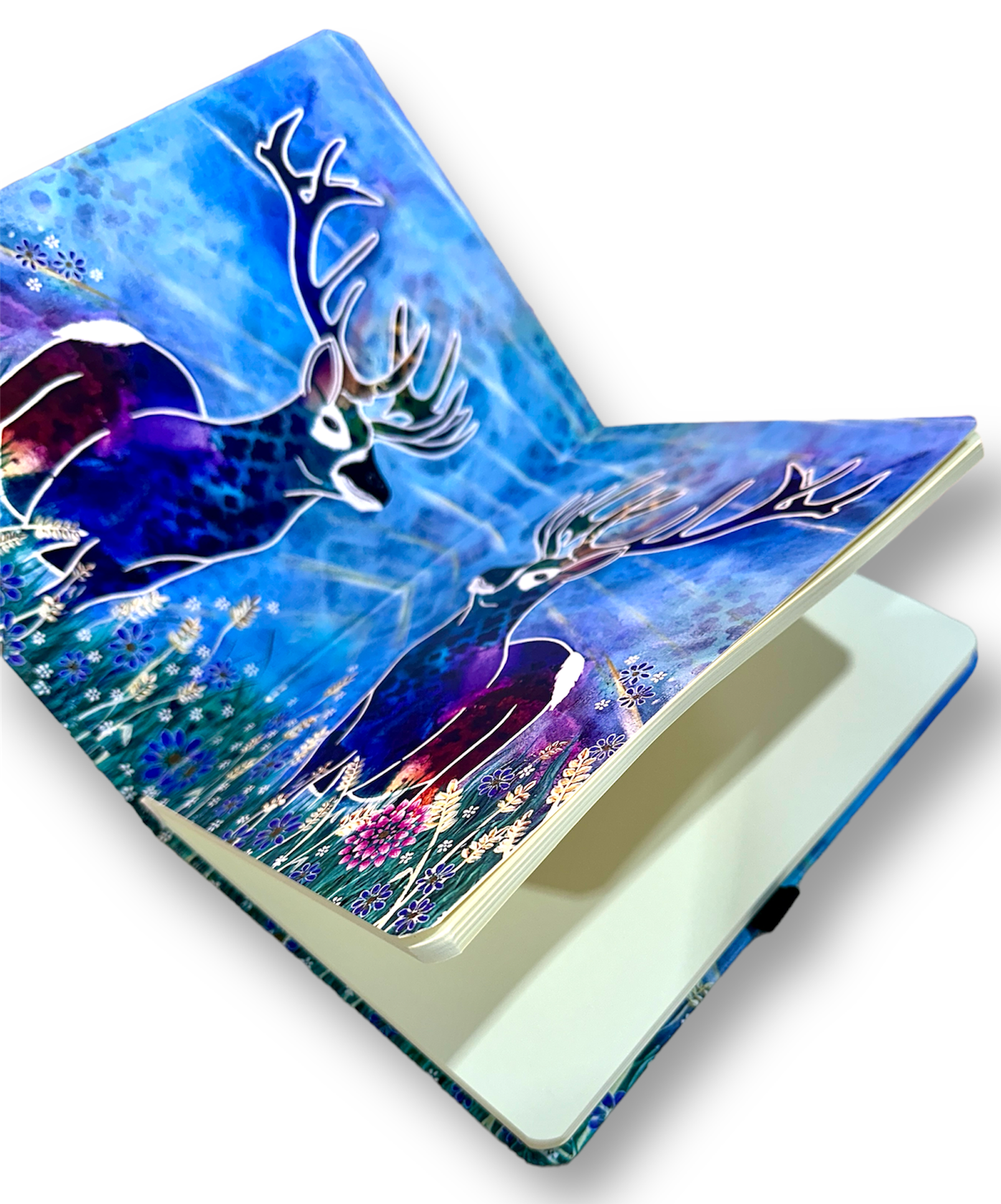 whimsy and me, whimsical deer, intuitive painting, creek, bold colors, lotus flowers, water, free, purple, turquoise, flowers, forest, trees, art, journal, sketch book, hard cover