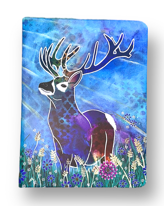 whimsy and me, whimsical deer, intuitive painting, creek, bold colors, lotus flowers, water, free, purple, turquoise, flowers, forest, trees, art, sketch book, journal, hard cover