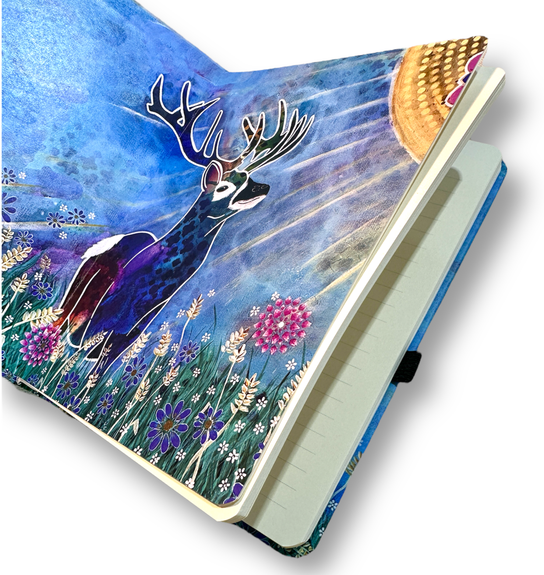 whimsy and me, whimsical deer, intuitive painting, creek, bold colors, lotus flowers, water, free, purple, turquoise, flowers, forest, trees, art, book, journal, lined