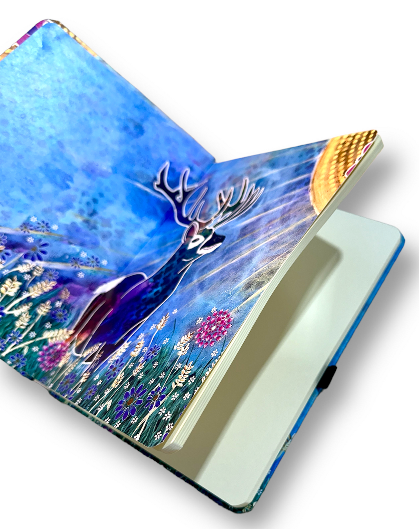 whimsy and me, whimsical deer, intuitive painting, creek, bold colors, lotus flowers, water, free, purple, turquoise, flowers, forest, trees, art, sketch book, journal, hard cover