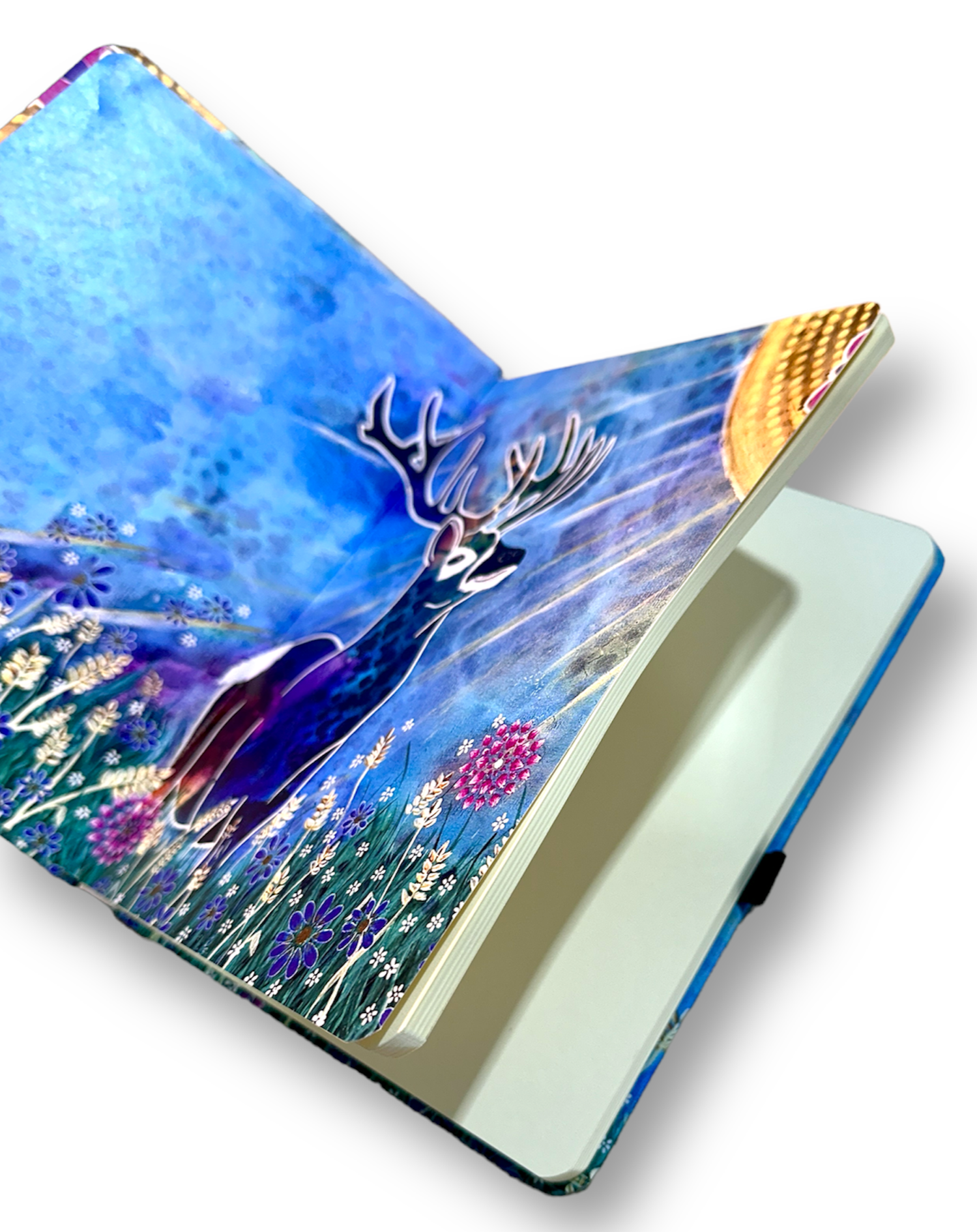 whimsy and me, whimsical deer, intuitive painting, creek, bold colors, lotus flowers, water, free, purple, turquoise, flowers, forest, trees, art, sketch book, journal, hard cover