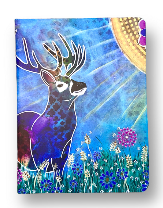 whimsy and me, whimsical deer, intuitive painting, creek, bold colors, lotus flowers, water, free, purple, turquoise, flowers, forest, trees, art, sketch book, journal