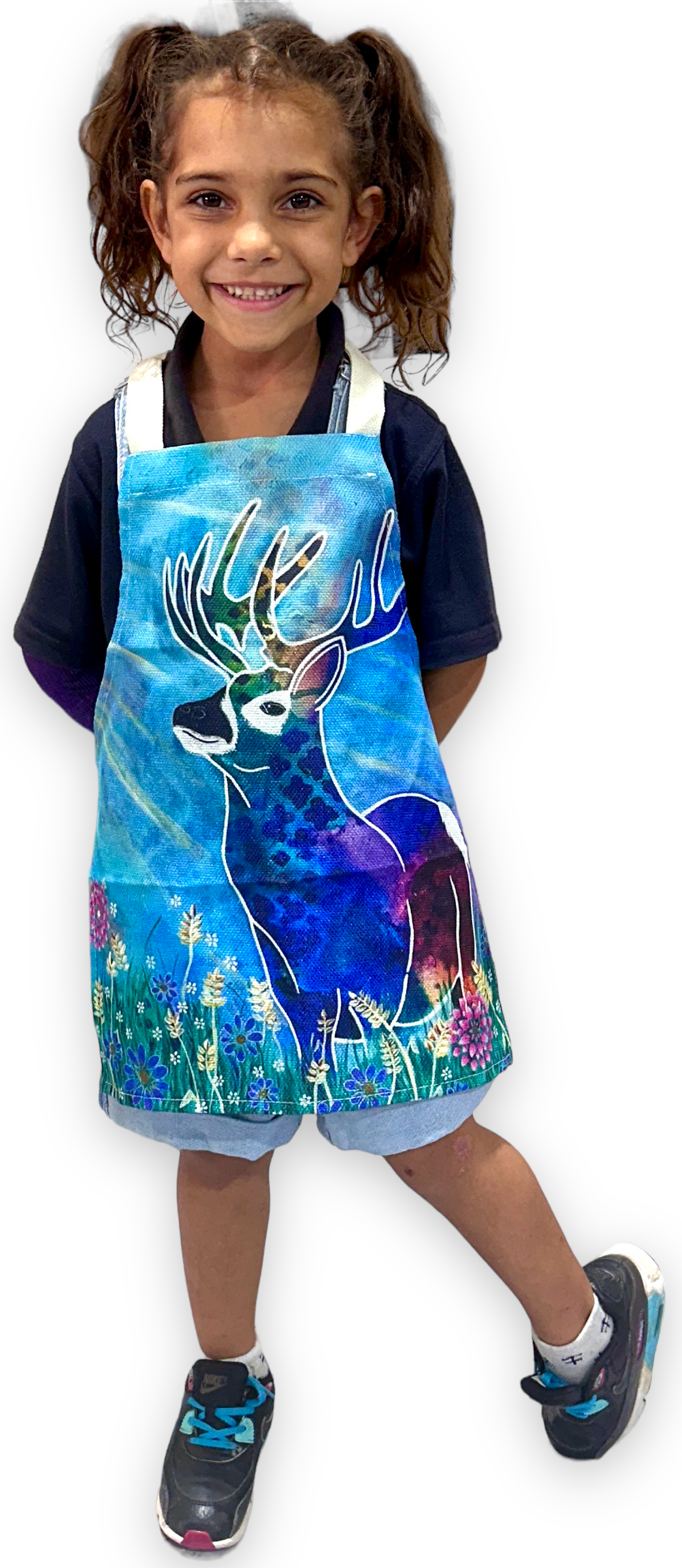 whimsy and me, whimsical deer, intuitive painting, creek, bold colors, lotus flowers, water, free, purple, turquoise, flowers, forest, trees, childs apron, creative