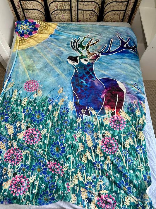 whimsy and me, whimsical deer, intuitive painting, creek, bold colors, lotus flowers, water, free, purple, turquoise, flowers, forest, trees, minki blanket, soft, cosy, snuggly, creative
