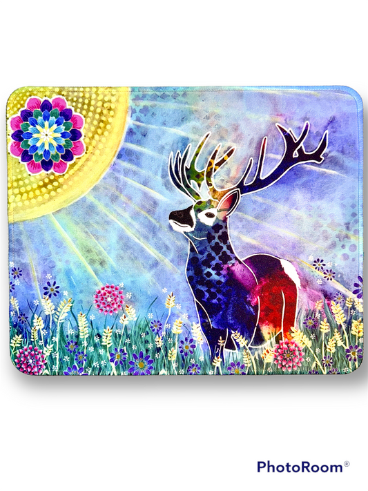 whimsy and me, whimsical deer, intuitive painting, creek, bold colors, lotus flowers, water, free, purple, turquoise, flowers, forest, trees, mouse pad, creative