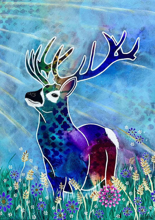 whimsy and me, whimsical deer, intuitive painting, creek, bold colors, lotus flowers, water, free, purple, turquoise, flowers, forest, trees, art print, creative