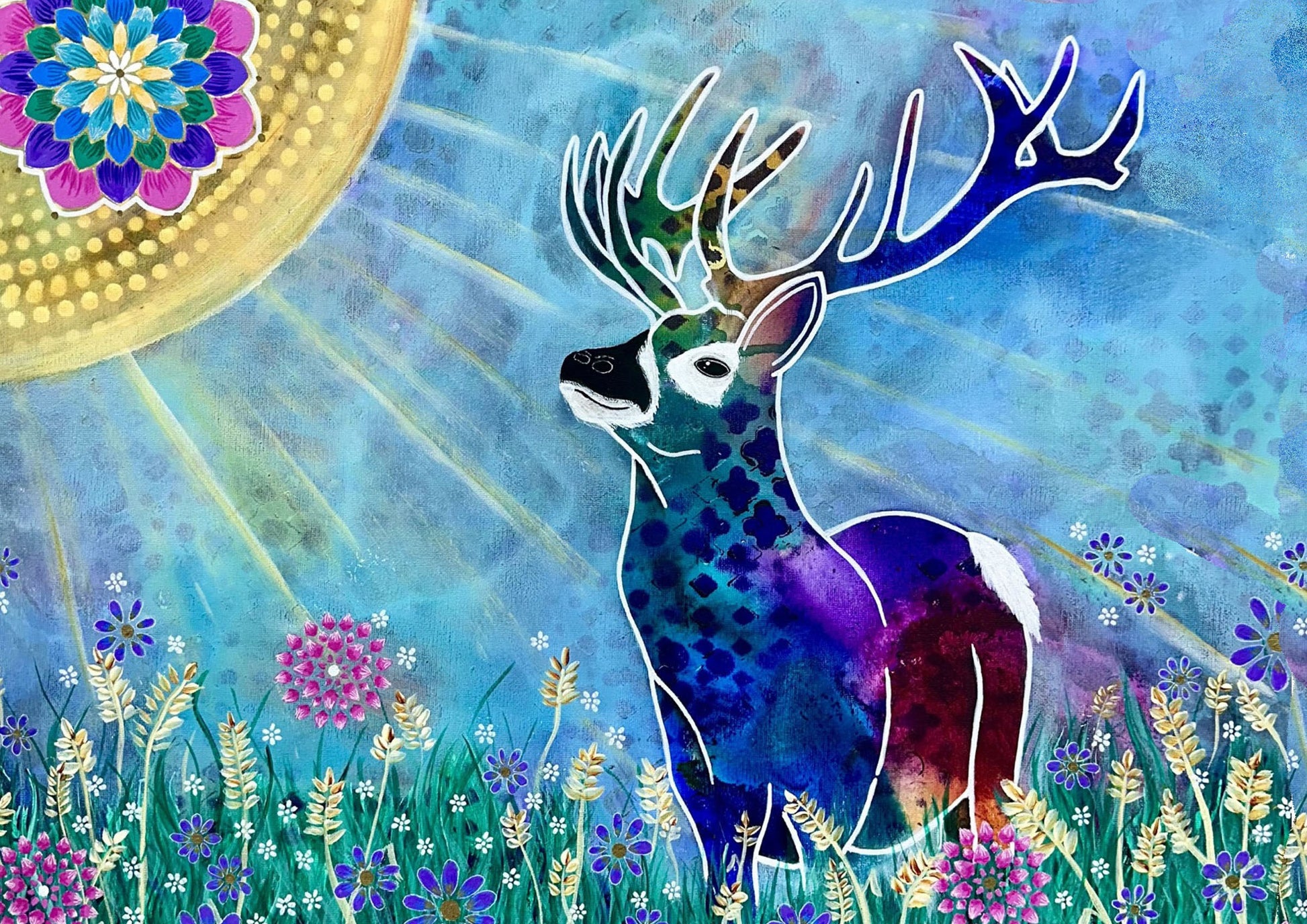 whimsy and me, whimsical deer, intuitive painting, creek, bold colors, lotus flowers, water, free, purple, turquoise, flowers, forest, trees, art print, creative