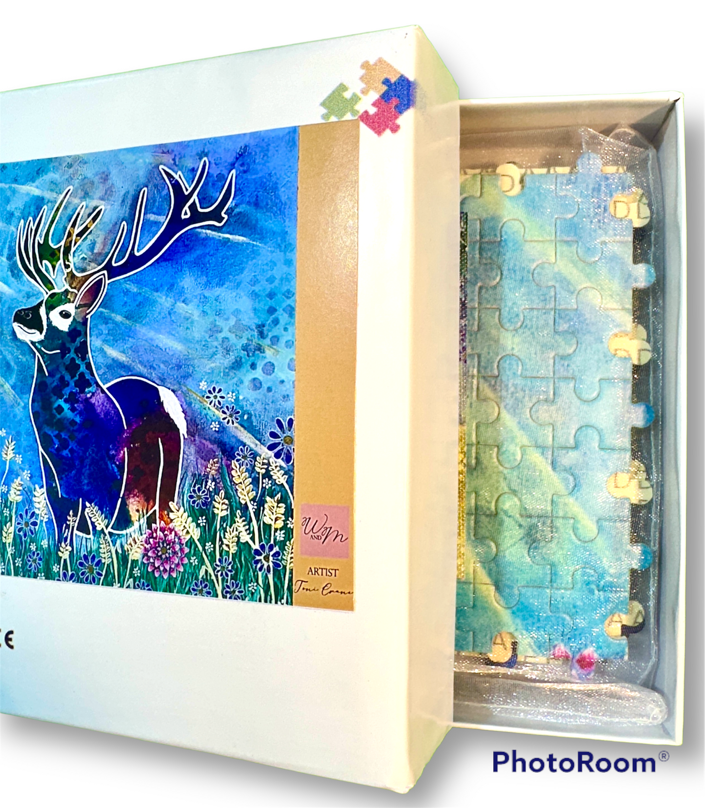 whimsy and me, whimsical deer, intuitive painting, creek, bold colors, lotus flowers, water, free, purple, turquoise, flowers, forest, trees, puzzle, creative