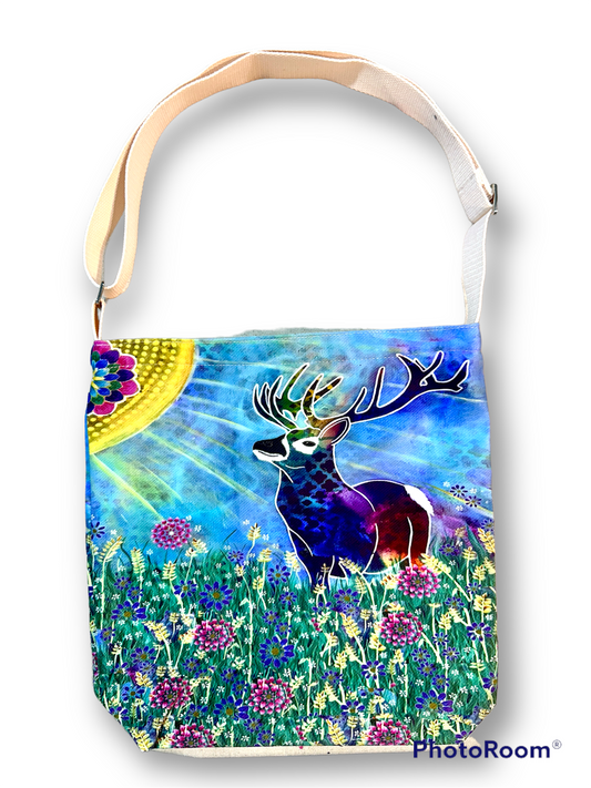 whimsy and me, whimsical deer, intuitive painting, creek, bold colors, lotus flowers, water, free, purple, turquoise, flowers, forest, trees, art, satchel bag