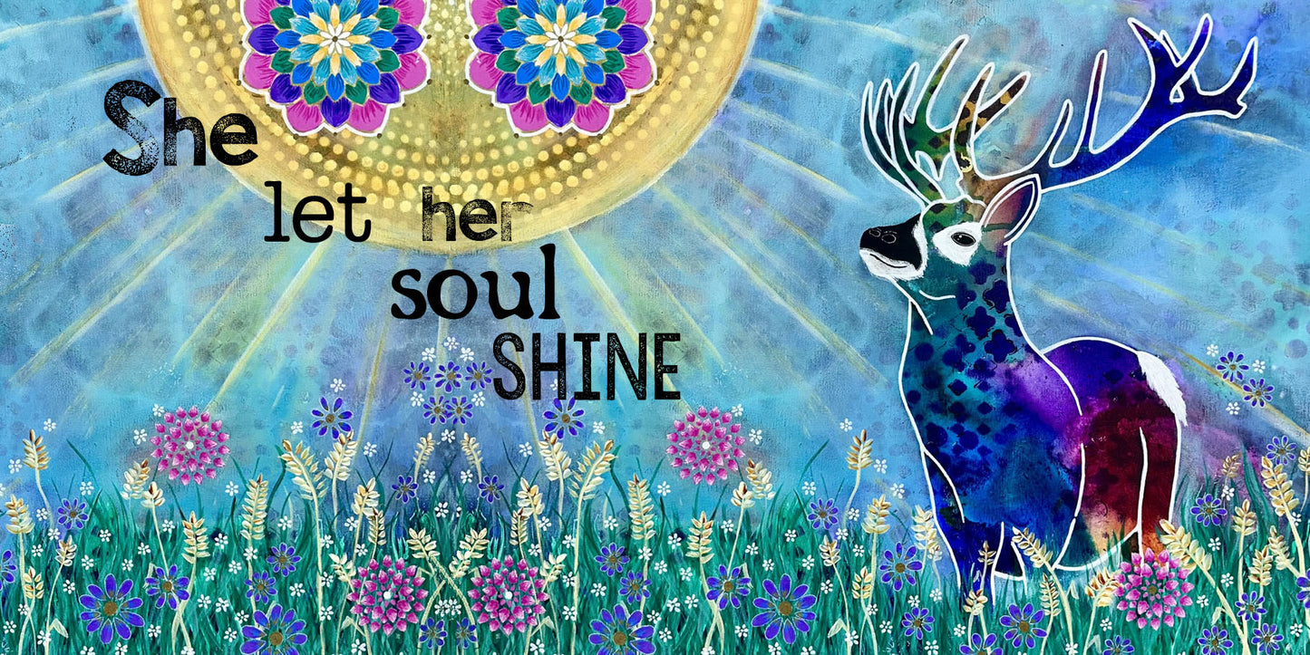 whimsy and me, whimsical deer, intuitive painting, creek, bold colors, lotus flowers, water, free, purple, turquoise, flowers, forest, trees, beach towel