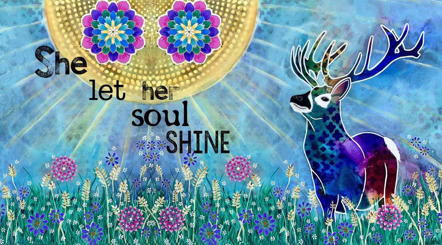 whimsy and me, whimsical deer, intuitive painting, creek, bold colors, lotus flowers, water, free, purple, turquoise, flowers, forest, trees, gym towel, soft, cosy, snuggly, creative