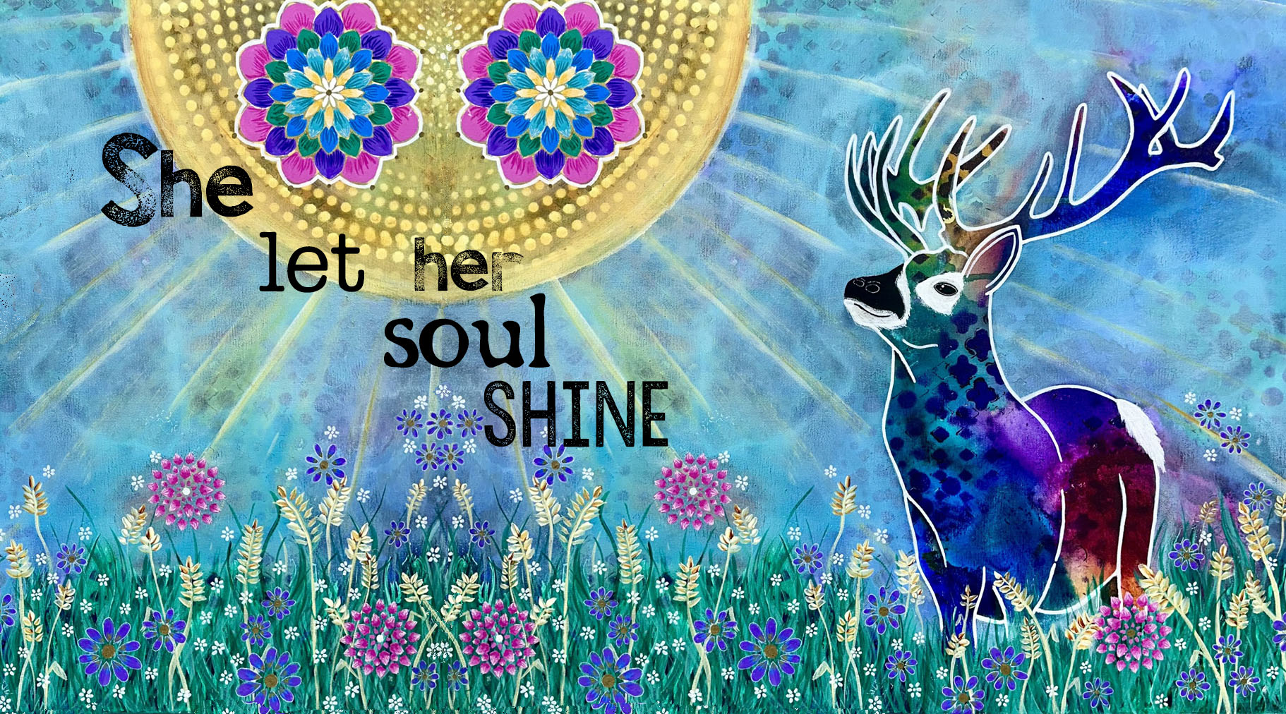 whimsy and me, whimsical deer, intuitive painting, creek, bold colors, lotus flowers, water, free, purple, turquoise, flowers, forest, trees, gym towel, soft, cosy, snuggly, creative