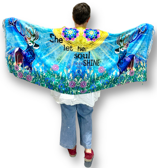 whimsy and me, whimsical deer, intuitive painting, creek, bold colors, lotus flowers, water, free, purple, turquoise, flowers, forest, trees, shawl, snuggly, soft, cosy