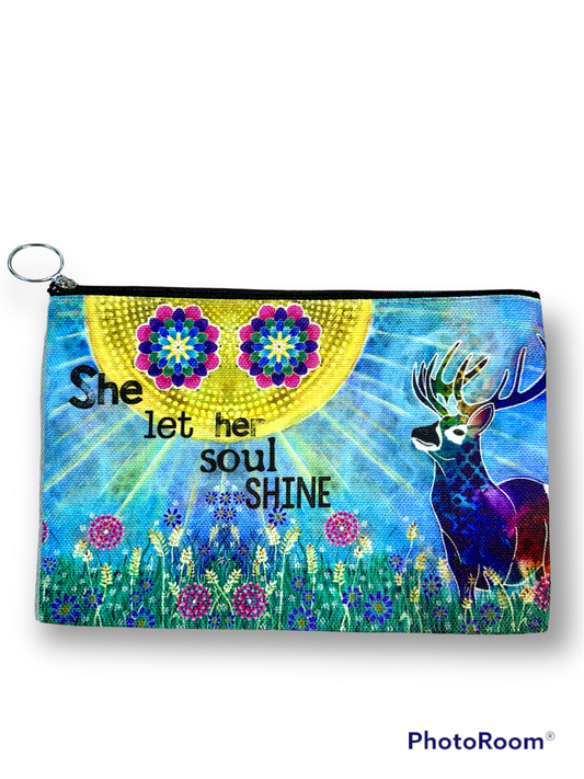 whimsy and me, whimsical deer, intuitive painting, creek, bold colors, lotus flowers, water, free, purple, turquoise, flowers, forest, trees, art, beauty bag, double sided