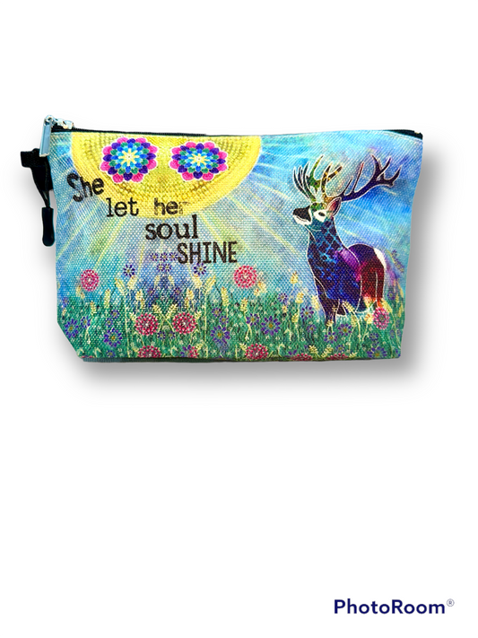 whimsy and me, whimsical deer, intuitive painting, creek, bold colors, lotus flowers, water, free, purple, turquoise, flowers, forest, trees, art, beauty bag, double sided