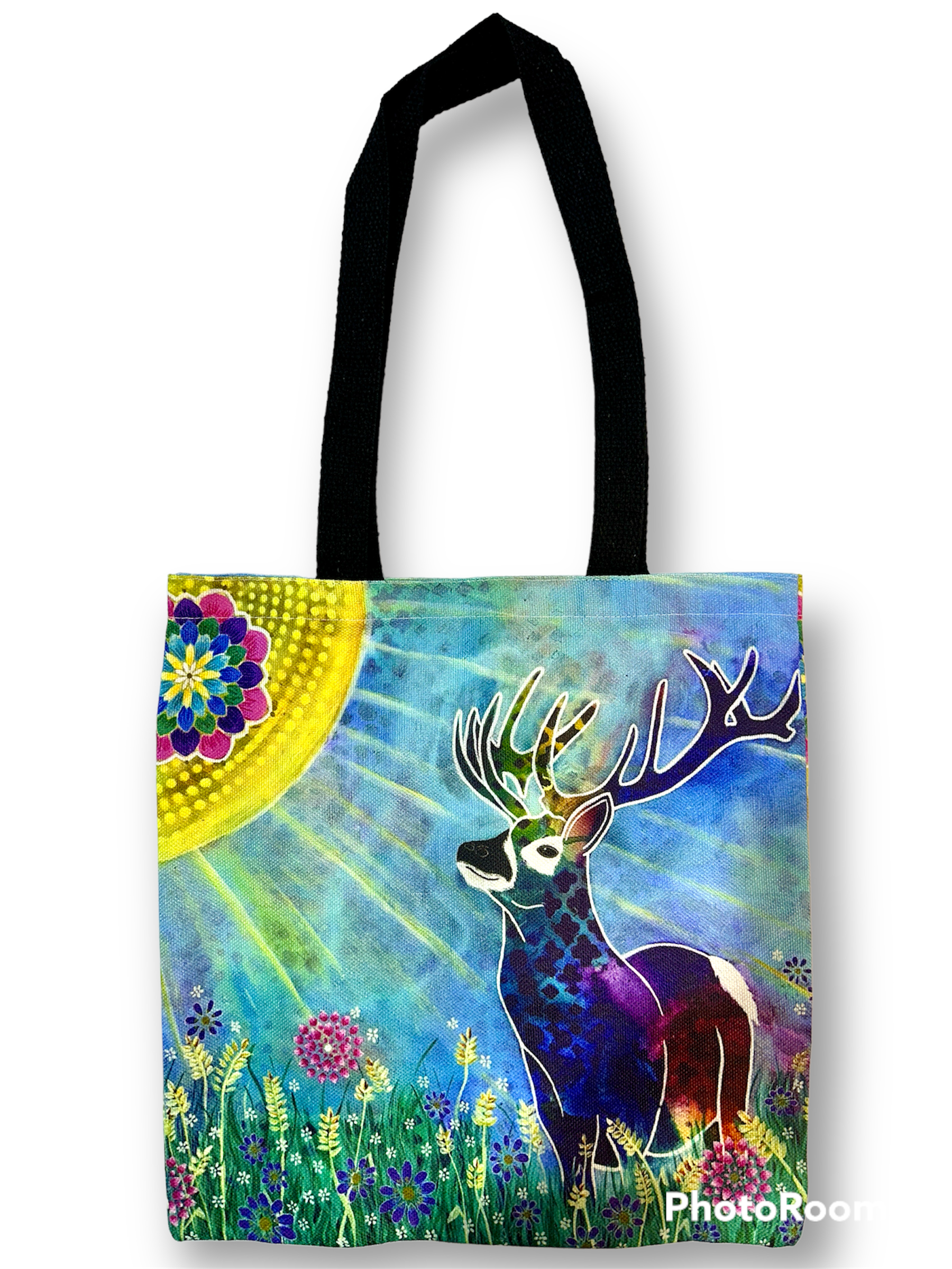 whimsy and me, whimsical deer, intuitive painting, creek, bold colors, lotus flowers, water, free, purple, turquoise, flowers, forest, trees, art, tote bag