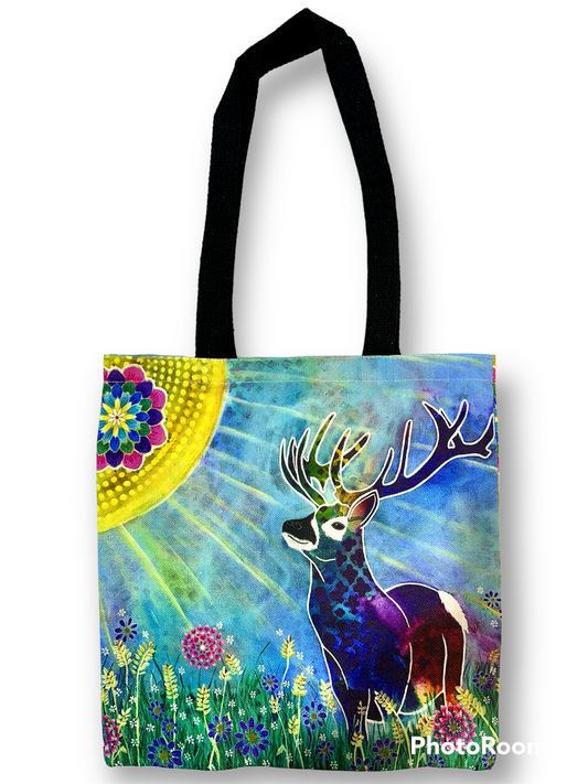 whimsy and me, whimsical deer, intuitive painting, creek, bold colors, lotus flowers, water, free, purple, turquoise, flowers, forest, trees, art, tote bag