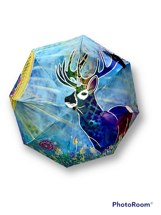 whimsy and me, whimsical deer, intuitive painting, creek, bold colors, lotus flowers, water, free, purple, turquoise, flowers, forest, trees, art, umbrella